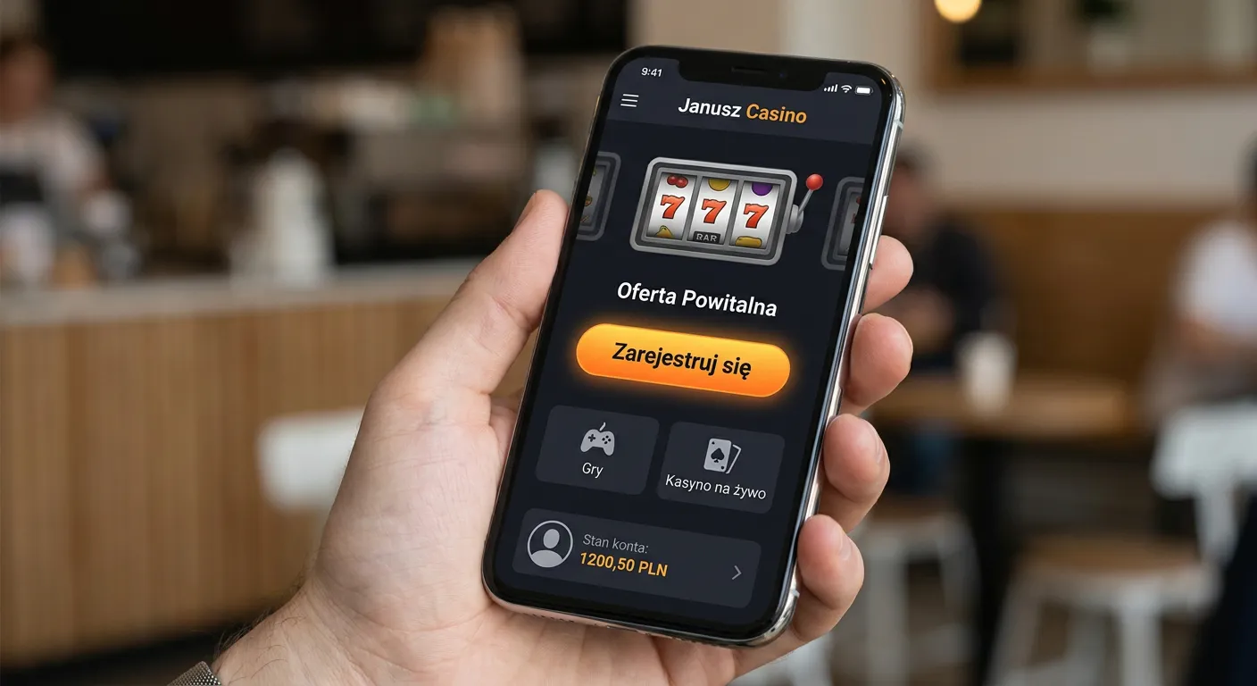 Ekran smartfona z widocznym przyciskiem rejestracji w kasynie Janusz Casino