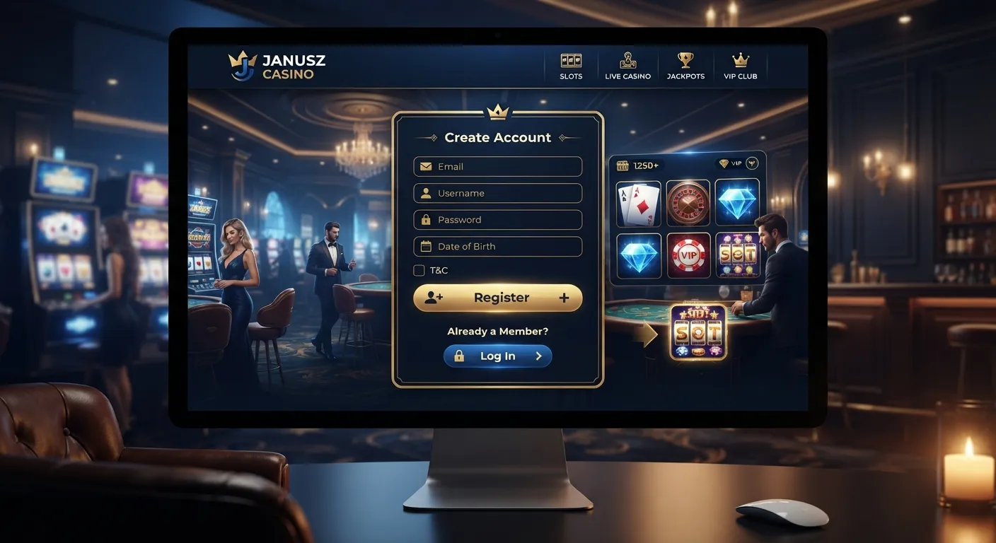 Interfejs strony głównej Janusz Casino z widocznym logiem i przyciskiem rejestracji.