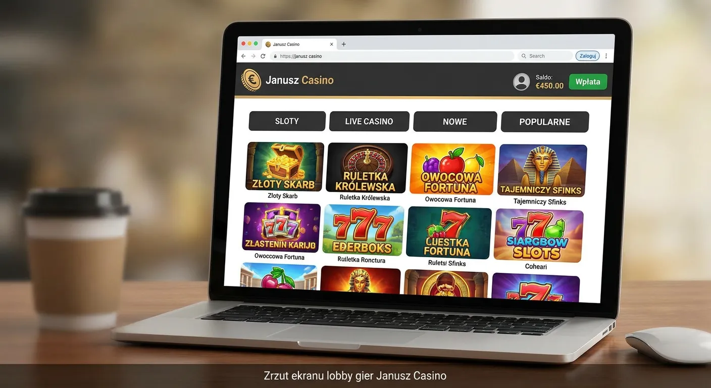 Zrzut ekranu lobby gier Janusz Casino z widocznymi kategoriami: Sloty, Popularne, Nowe, Live Casino, Gry Stołowe.
