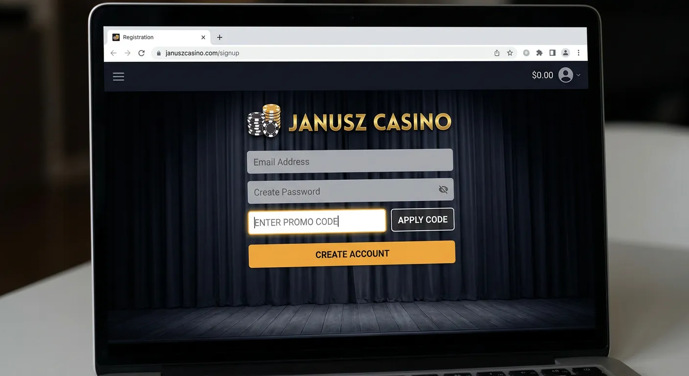 Miejsce wpisywania kodu promocyjnego w interfejsie kasy Janusz Casino
